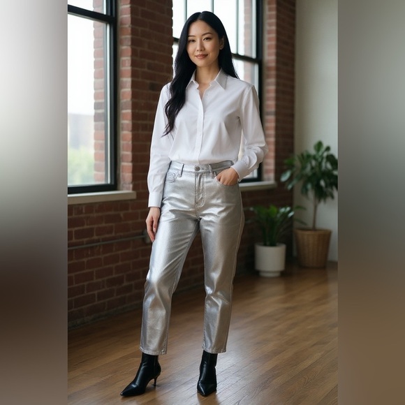 burnside Pants - Universal thread high-rise, wide leg, silver metallic baggy jeans size. Size 8